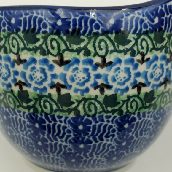 Polish Pottery Loop Handle Bowl Blue Flowers Green Ivy Handled Soup Chili Mug - Picture 8 of 8